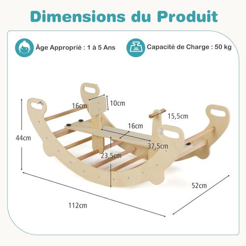 4 En 1 Chaise à Bascule En Bois Enfant Avec Siège Amovible,poignée,35° Balancement (naturel)