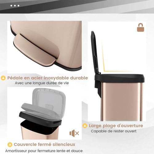 Poubelle Cuisine 68 Litres En Acier Inox, Poubelle Rectangulaire Pédale Amortisseur