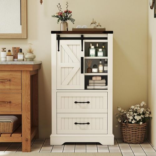 Armoire De Rangement Rustique Avec Portes De Grange Coulissante, Étagères Réglables