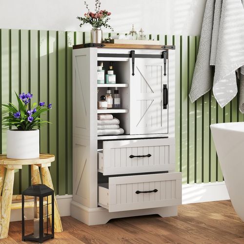 Armoire De Rangement Rustique Avec Portes De Grange Coulissante, Étagères Réglables