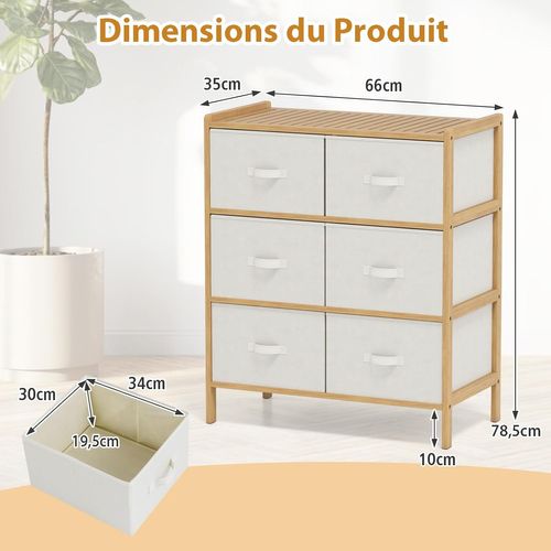 Commode Chambre 6 Tiroirs, Meuble Tiroir Rangement En Bambou, Tiroirs Tissu Pliables, Commode Tissu