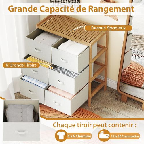 Commode Chambre 6 Tiroirs, Meuble Tiroir Rangement En Bambou, Tiroirs Tissu Pliables, Commode Tissu