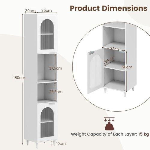 Meuble Colonne Salle De Bain Haute, Meuble De Rangement Étroit Avec 2 Portes En Verre Trempé, Blanc