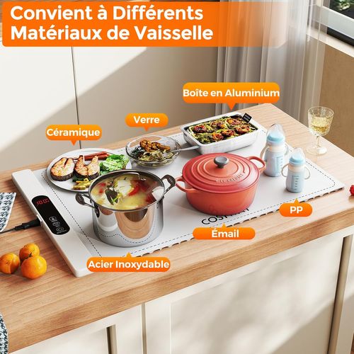 Chauffe Plat Électrique Pliable Pour Aliments, Minuterie Réglables (blanc, 61.5×38×2.3)