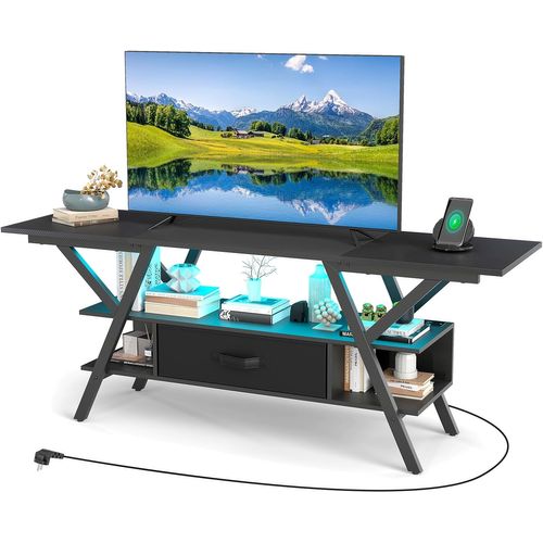 Meuble TV LED 140 Cm Pour Téléviseurs 65 Pouces, Meuble Tele Avec Prise, Pour Salon, Chambre (noir)