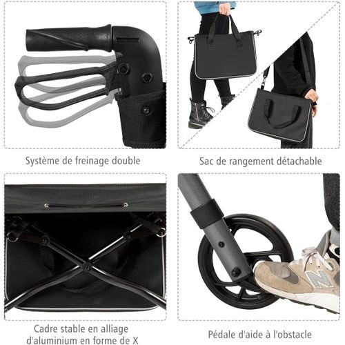 Déambulateur à 4 Roues Pliable En Aluminium, Hauteur Réglable Avec Assise+dossier (gris)
