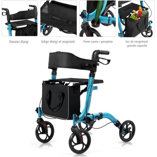 Déambulateur à 4 Roues Pliable En Aluminium, Hauteur Réglable Avec Assise+dossier (bleu)
