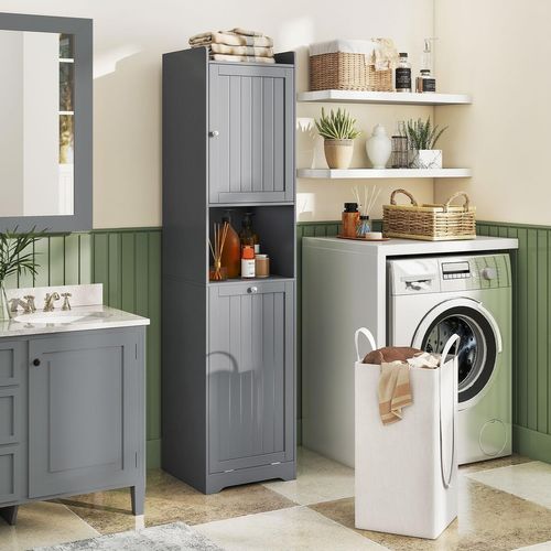 Armoire De Salle De Bain 170 Cm Avec Étagère Ajustable, Sac à Linge Avec Poignées (gris)