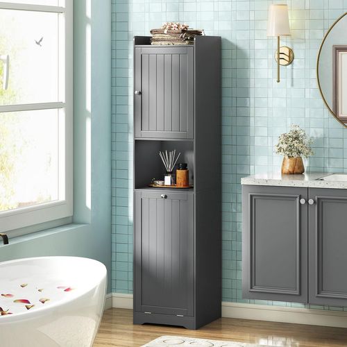 Armoire De Salle De Bain 170 Cm Avec Étagère Ajustable, Sac à Linge Avec Poignées (gris)