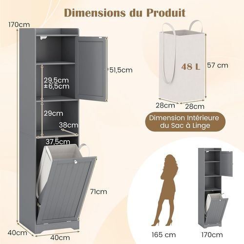 Armoire De Salle De Bain 170 Cm Avec Étagère Ajustable, Sac à Linge Avec Poignées (gris)