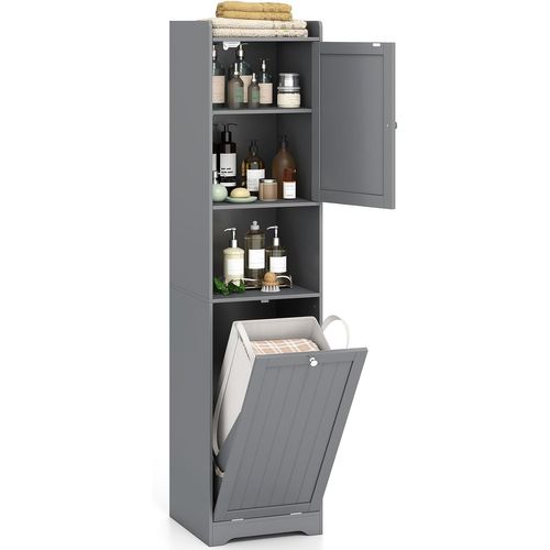 Armoire De Salle De Bain 170 Cm Avec Étagère Ajustable, Sac à Linge Avec Poignées (gris)