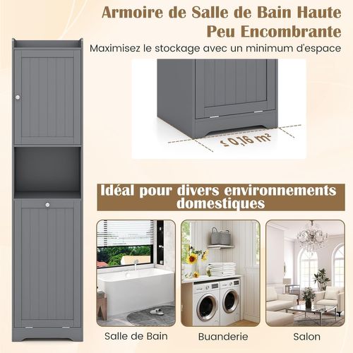 Armoire De Salle De Bain 170 Cm Avec Étagère Ajustable, Sac à Linge Avec Poignées (gris)