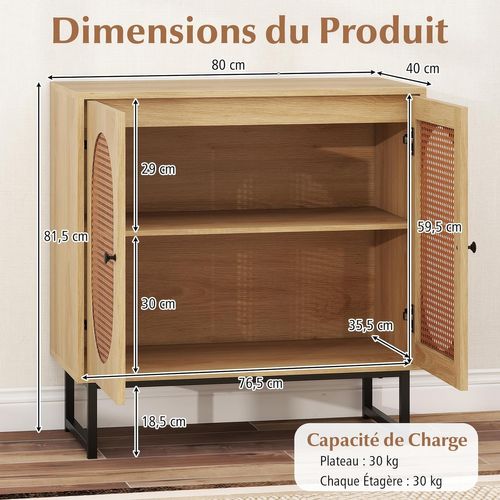 Buffet Cuisine Rotin, Meuble Cannage Bohème Avec Portes En Rotin Tressé, 80 X 40 X 81,5 Cm
