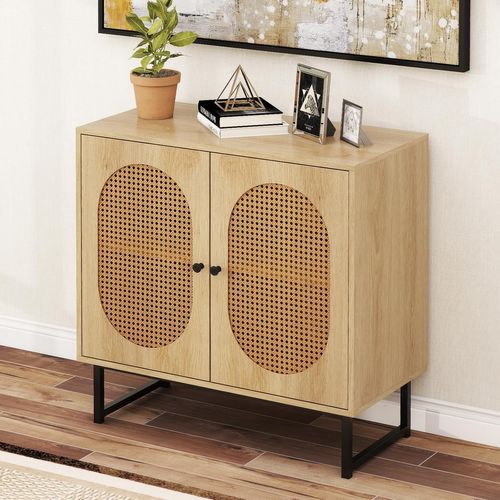 Buffet Cuisine Rotin, Meuble Cannage Bohème Avec Portes En Rotin Tressé, 80 X 40 X 81,5 Cm