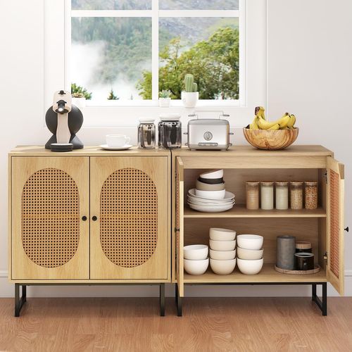 Buffet Cuisine Rotin, Meuble Cannage Bohème Avec Portes En Rotin Tressé, 80 X 40 X 81,5 Cm