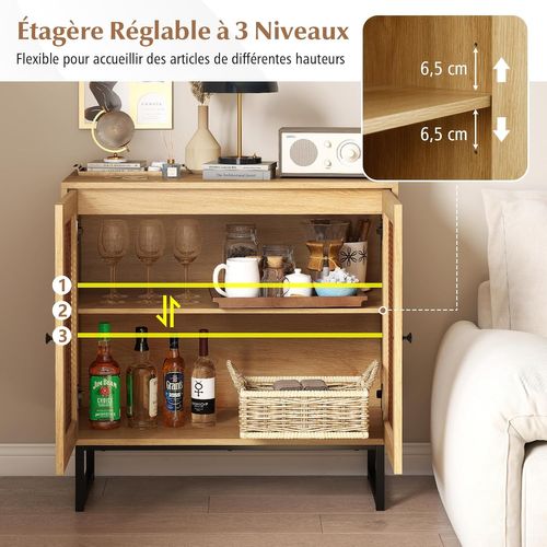Buffet Cuisine Rotin, Meuble Cannage Bohème Avec Portes En Rotin Tressé, 80 X 40 X 81,5 Cm