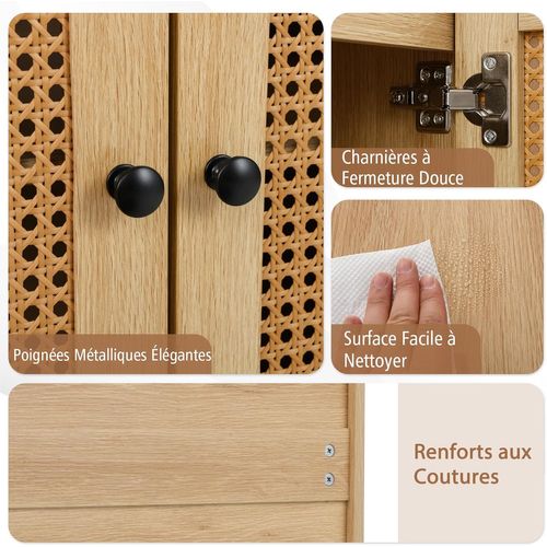 Buffet Cuisine Rotin, Meuble Cannage Bohème Avec Portes En Rotin Tressé, 80 X 40 X 81,5 Cm