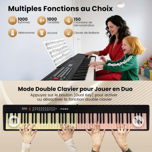 Piano Numérique Pliable 88 Touches Avec Microphone et Pupitre, Haut-parleurs, 1000 Timbres