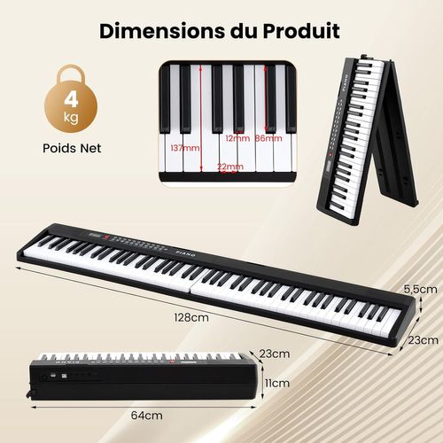 Piano Numérique Pliable 88 Touches Avec Microphone et Pupitre, Haut-parleurs, 1000 Timbres