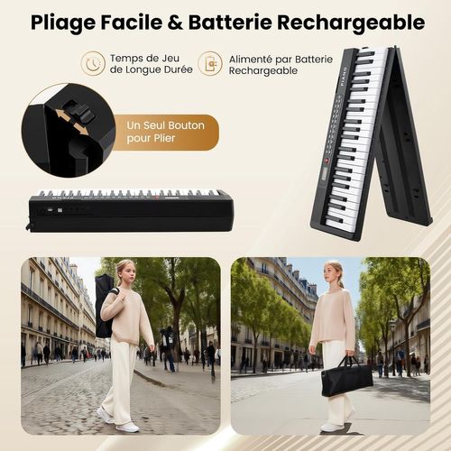 Piano Numérique Pliable 88 Touches Avec Microphone et Pupitre, Haut-parleurs, 1000 Timbres