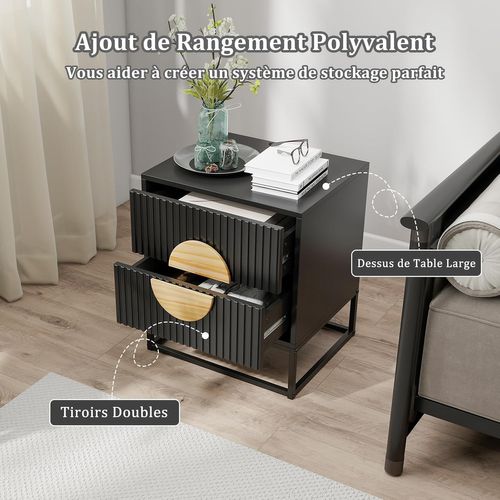 Table De Nuit Cannelée, Table De Chevet Avec 2 Tiroirs, Cadre Métallique, Table D'appoint(1,noir)