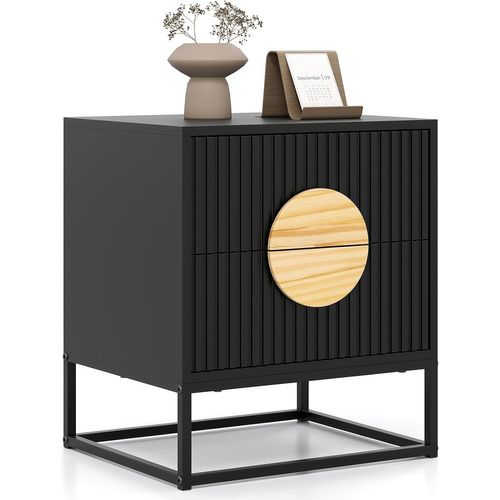 Table De Nuit Cannelée, Table De Chevet Avec 2 Tiroirs, Cadre Métallique, Table D'appoint(1,noir)