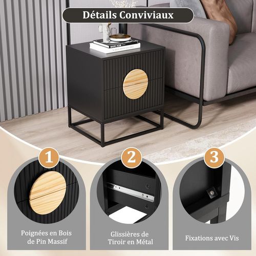 Table De Nuit Cannelée, Table De Chevet Avec 2 Tiroirs, Cadre Métallique, Table D'appoint(1,noir)