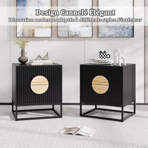 Table De Nuit Cannelée, Table De Chevet Avec 2 Tiroirs, Cadre Métallique, Table D'appoint(1,noir)