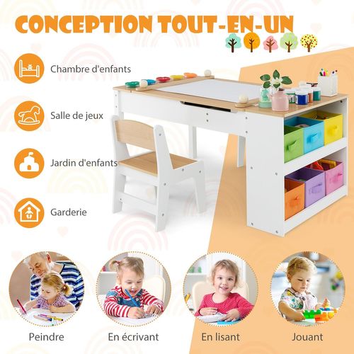 2 En 1 Table Enfant Avec 2 Chaises Et Plateau Inclinable,6 Boîtes De Rangement