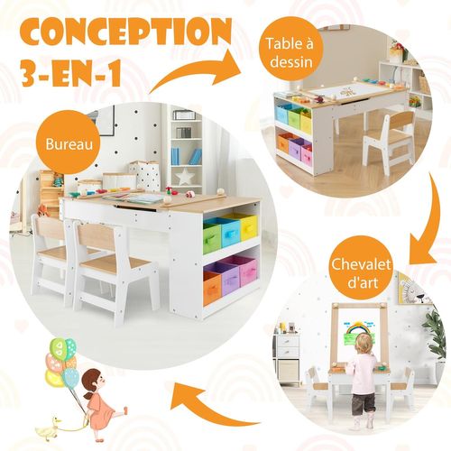 2 En 1 Table Enfant Avec 2 Chaises Et Plateau Inclinable,6 Boîtes De Rangement