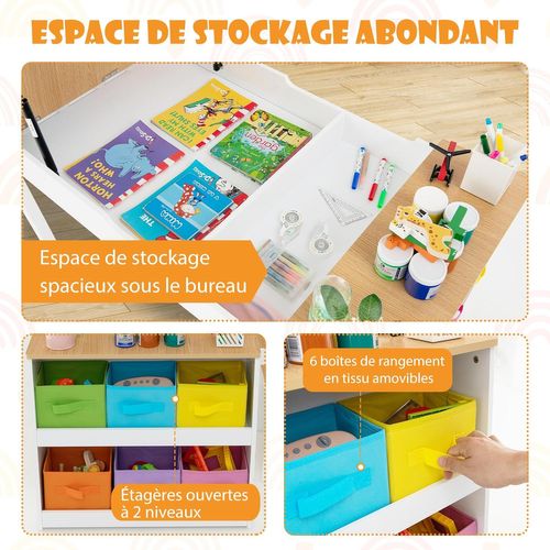 2 En 1 Table Enfant Avec 2 Chaises Et Plateau Inclinable,6 Boîtes De Rangement