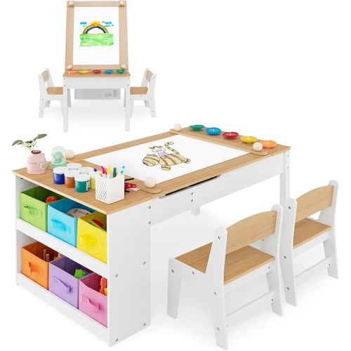 2 En 1 Table Enfant Avec 2 Chaises Et Plateau Inclinable,6 Boîtes De Rangement