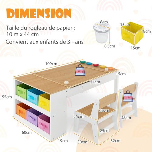 2 En 1 Table Enfant Avec 2 Chaises Et Plateau Inclinable,6 Boîtes De Rangement