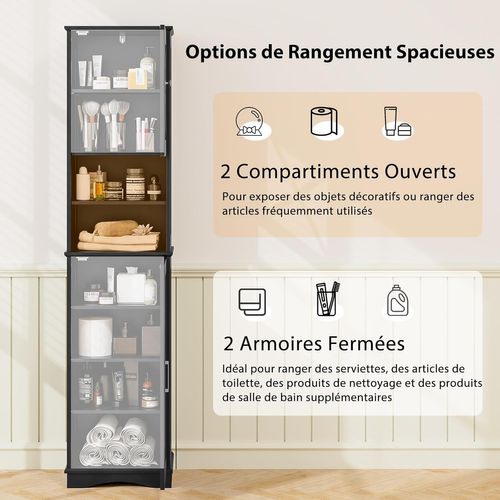 Armoire De Salle De Bain De Haute, 5 Étagères Réglables, 30 X 40 X 170 Cm, Noir