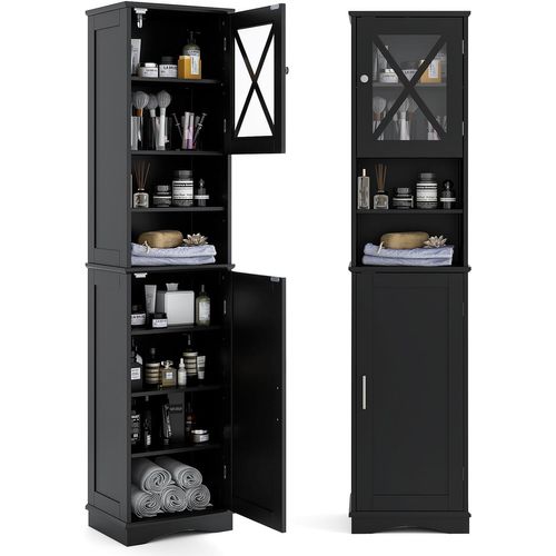 Armoire De Salle De Bain De Haute, 5 Étagères Réglables, 30 X 40 X 170 Cm, Noir