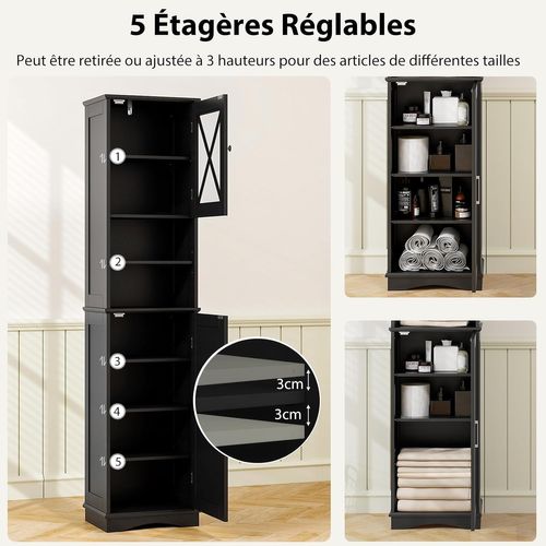 Armoire De Salle De Bain De Haute, 5 Étagères Réglables, 30 X 40 X 170 Cm, Noir