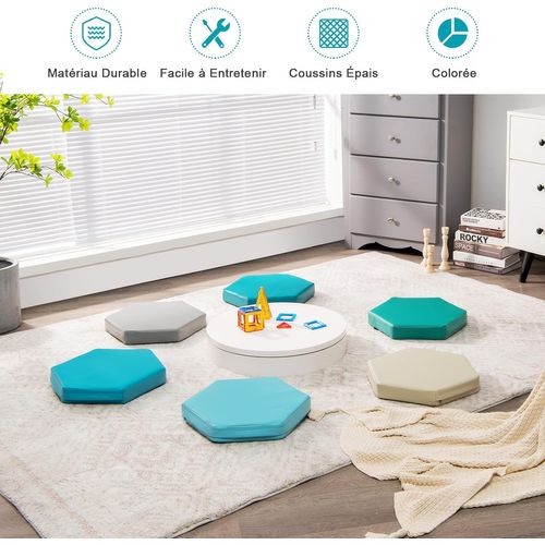 Lot De 6 Coussins Siège Enfant Hexagonaux 38x34 Cm, Surface Pu Imperméable, Poignées,bleu