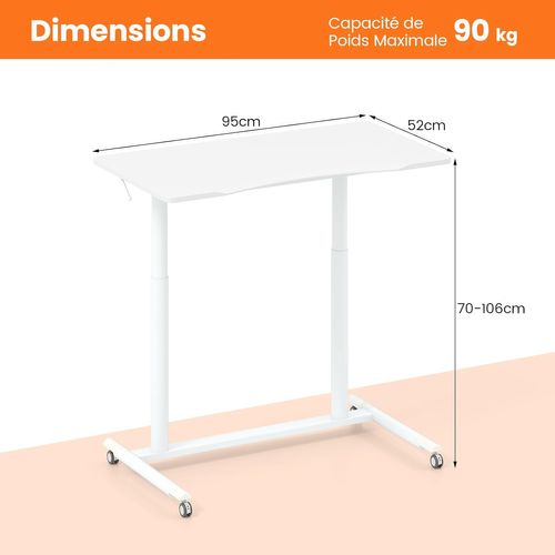 Table Roulante Pour Lit Canapé 95x52cm, Bureau Debout Réglable En Hauteur, Table D'appoint (blanc)