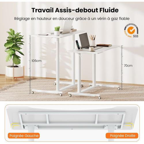 Table Roulante Pour Lit Canapé 95x52cm, Bureau Debout Réglable En Hauteur, Table D'appoint (blanc)