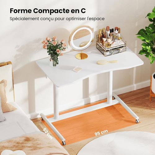 Table Roulante Pour Lit Canapé 95x52cm, Bureau Debout Réglable En Hauteur, Table D'appoint (blanc)