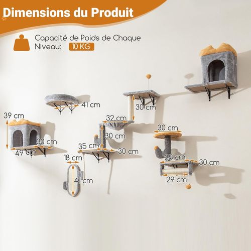 Arbre à Chat Mural, Arbre à Chat Cactus, 5 Plateformes, 2 Condos, Planche Et Poteaux à Griffer