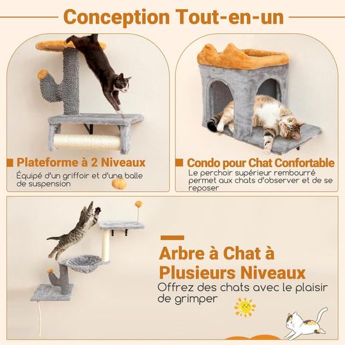 Arbre à Chat Mural, Arbre à Chat Cactus, 5 Plateformes, 2 Condos, Planche Et Poteaux à Griffer