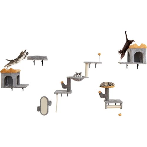 Arbre à Chat Mural, Arbre à Chat Cactus, 5 Plateformes, 2 Condos, Planche Et Poteaux à Griffer