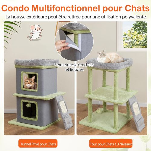3 En 1 Meuble Chat, Arbre à Chat à 3 Niveaux Avec Condo Et Planche à Griffer, Maison Pour Chaton