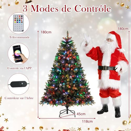 Sapin Noël Pré-éclairé 180cm, Télécommande Rgb 11 Modes, Branches à Charnières, Vert