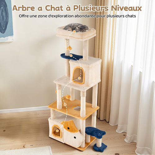 Arbre à Chat XXL Poisson 85x42x159cm, 2 Condos, 5 Plateformes, Sisal, 6 Niveaux,beige+jaune