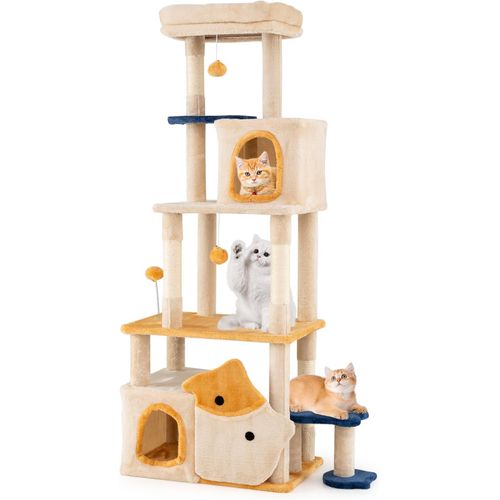 Arbre à Chat XXL Poisson 85x42x159cm, 2 Condos, 5 Plateformes, Sisal, 6 Niveaux,beige+jaune