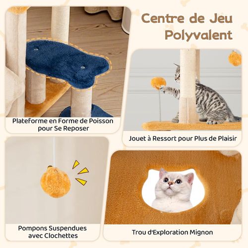 Arbre à Chat XXL Poisson 85x42x159cm, 2 Condos, 5 Plateformes, Sisal, 6 Niveaux,beige+jaune