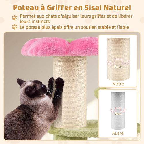 Arbre à Chat Fleur 40x40x69cm, 2 Plateformes, Poteau Sisal, Brosse Toilettage (rose)
