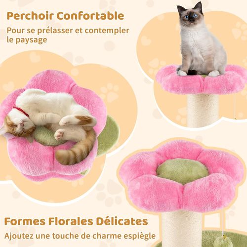 Arbre à Chat Fleur 40x40x69cm, 2 Plateformes, Poteau Sisal, Brosse Toilettage (rose)